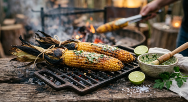 Open Fire Kitchen: Succulent Braai Corn on the Cob glistening with melting garlic herb butter over charcoal embers.
